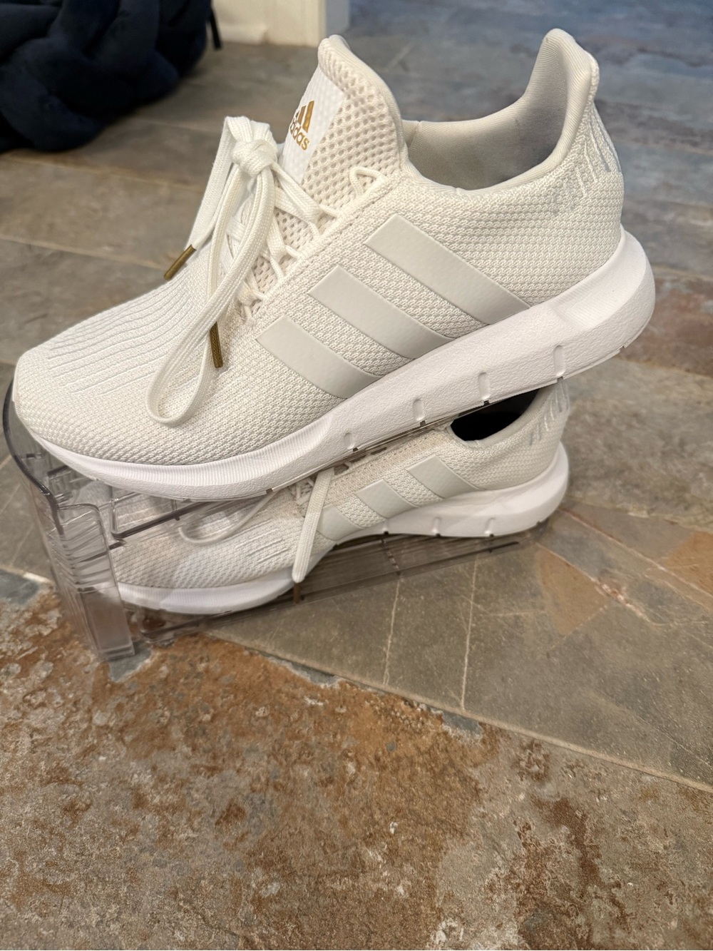 adidas Women's All-White Knit Athletic Sneakers with Gold Logo